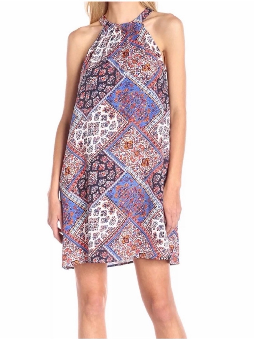 Cece Halter Patchwork Sun dress size 12 Blue White Orange Summer A Line Lined